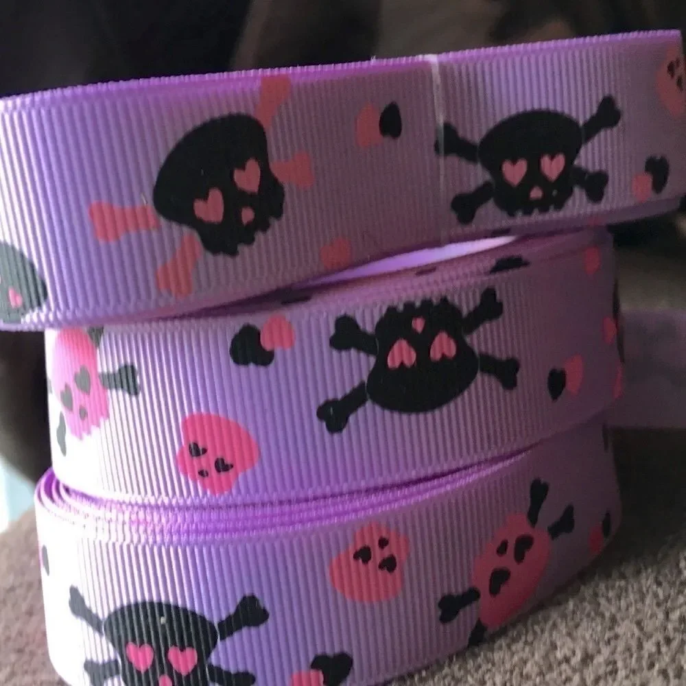 5/$20 grosgrain Ribbon 7/8” 5 yards skulls purple